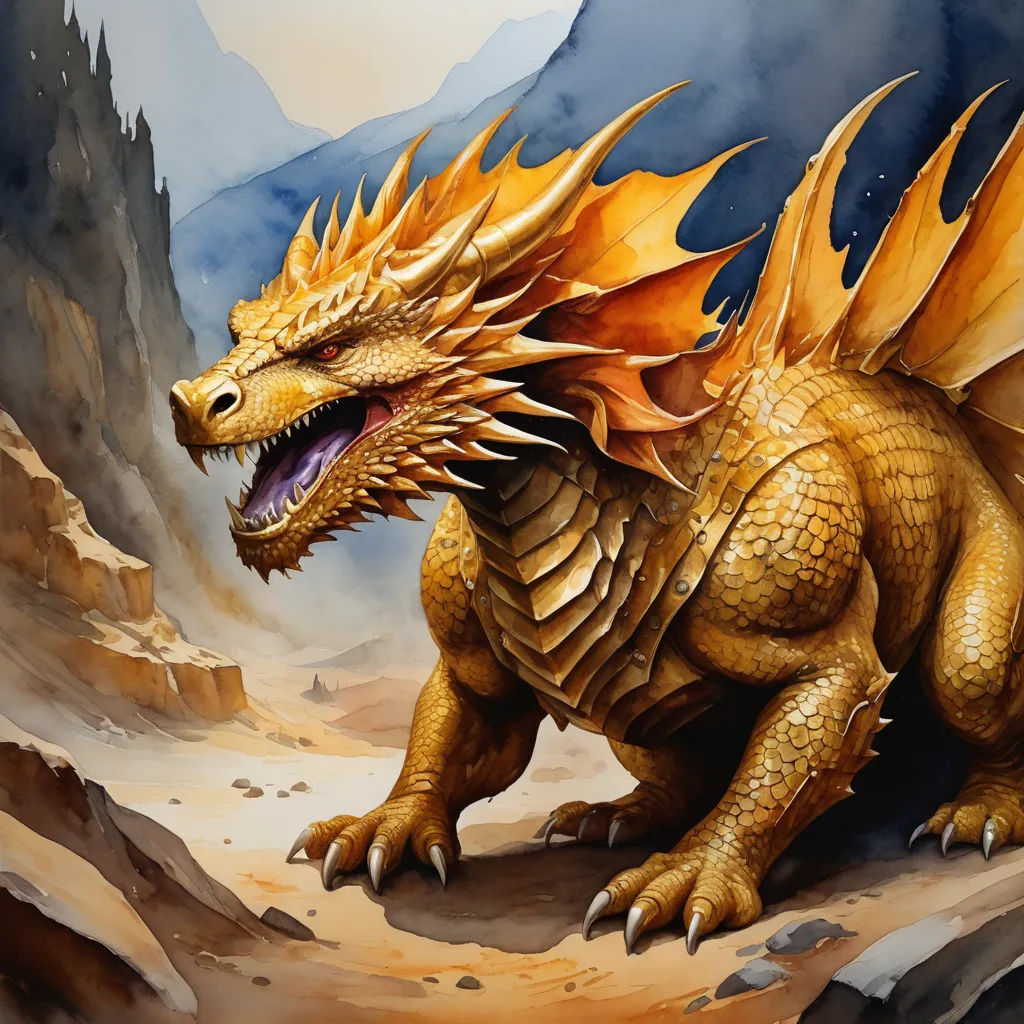 a golden dragon with its mouth open on a rocky mountain side with a mountain in the background and a blue sky, fantasy art, an airbrush painting, Anne Stokes, dragon art