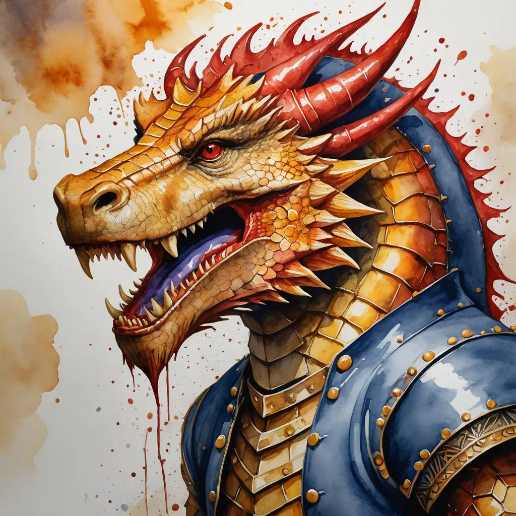a painting of a dragon wearing armor and a helmet with horns and horns on it's head, with blood dripping from its mouth, fantasy art, an airbrush painting, Chris Rahn, dnd character portrait