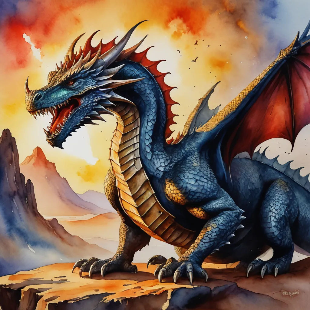 a painting of a dragon on a mountain top with a sky background and mountains in the background, with a red and yellow dragon on the left side, fantasy art, an airbrush painting, Anne Stokes, dragon art