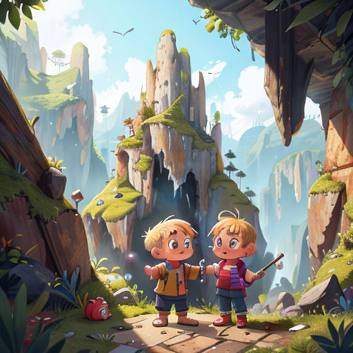 two children standing in front of a mountain with a fishing rod in their hands and a bird flying overhead