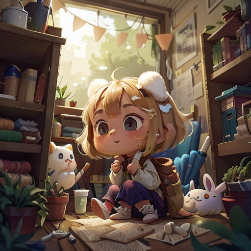 a girl sitting on a floor next to a book shelf filled with books and stuffed animals and a cat