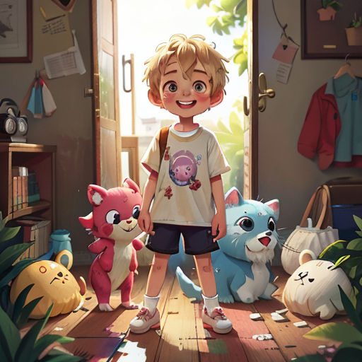 a boy standing in a room with stuffed animals around him and a door open to a room with a door and a window