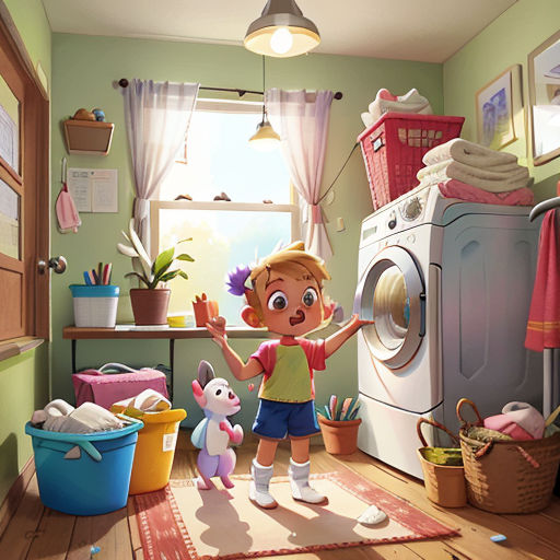 a cartoon girl is holding a toy in a room with a washing machine and other items in the corner