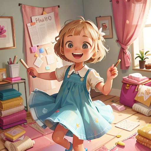 a cartoon girl in a blue dress holding a pen and a pencil in her hand in a room with pink curtains and a pink rug