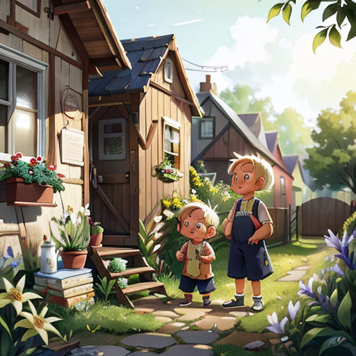 a couple of kids standing in front of a house with a dog and a cat on the side of the house