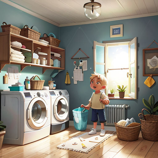 a boy is holding a bucket in a laundry room with a washing machine and a window in the background
