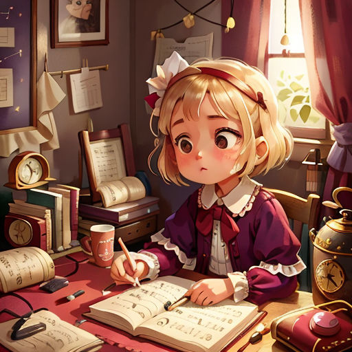 a girl sitting at a desk writing on a book and holding a pen and paper in her hand and a clock on the wall