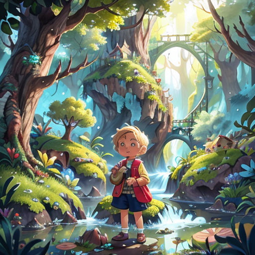 a boy standing in the middle of a forest with a bridge in the background and a river running through it