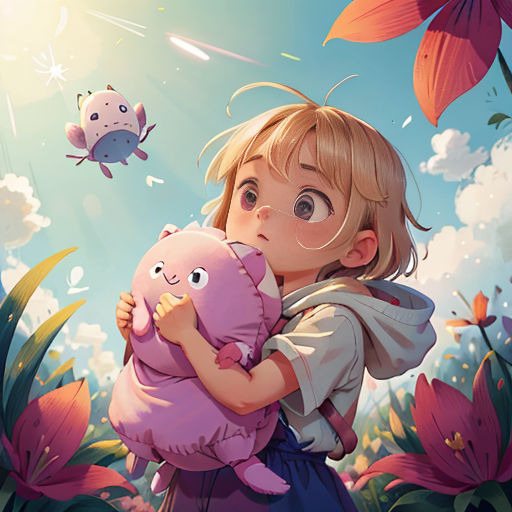 a girl holding a stuffed animal in a field of flowers with a butterfly flying overhead in the sky above