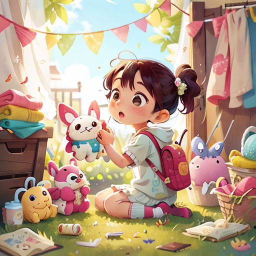 a girl sitting on the ground with stuffed animals in front of her and a book on the ground next to her