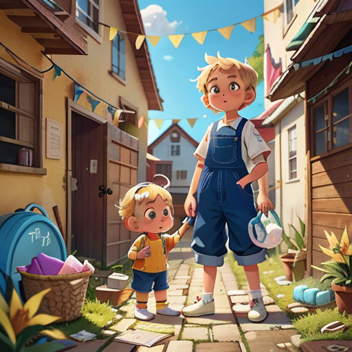 a boy and a girl are walking down a street in a cartoon style, with a bunting banner in the background