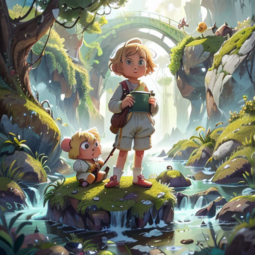a girl and a boy standing on a small island in a forest with a bridge in the background and a stream running through the middle