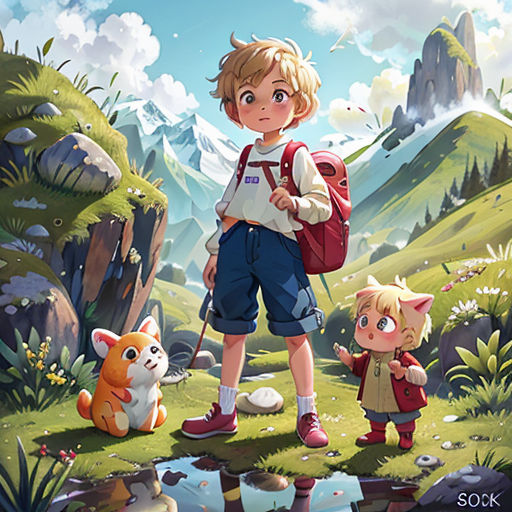 a boy and a girl are standing in the grass with a cat and a dog in front of them