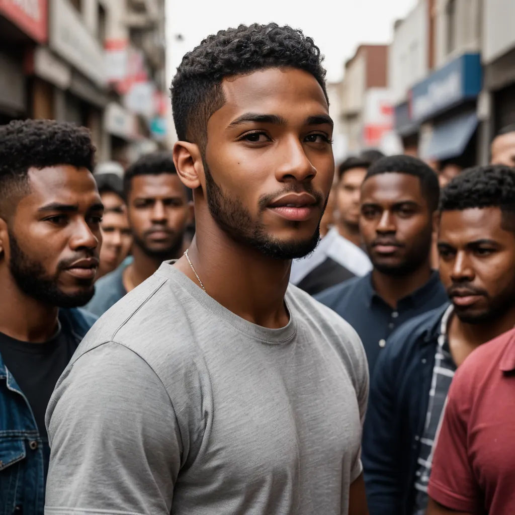a group of men standing in a line on a street corner in front of a building with a man in the middle of the group, harlem renaissance, a renaissance painting, Christopher Perkins, brown skin