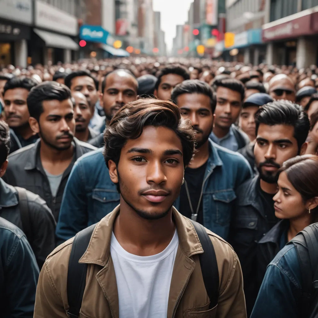 a large group of people standing in a street with buildings in the background and a man in a brown jacket, neoism, a stock photo, Ella Guru, symmetrical facial features