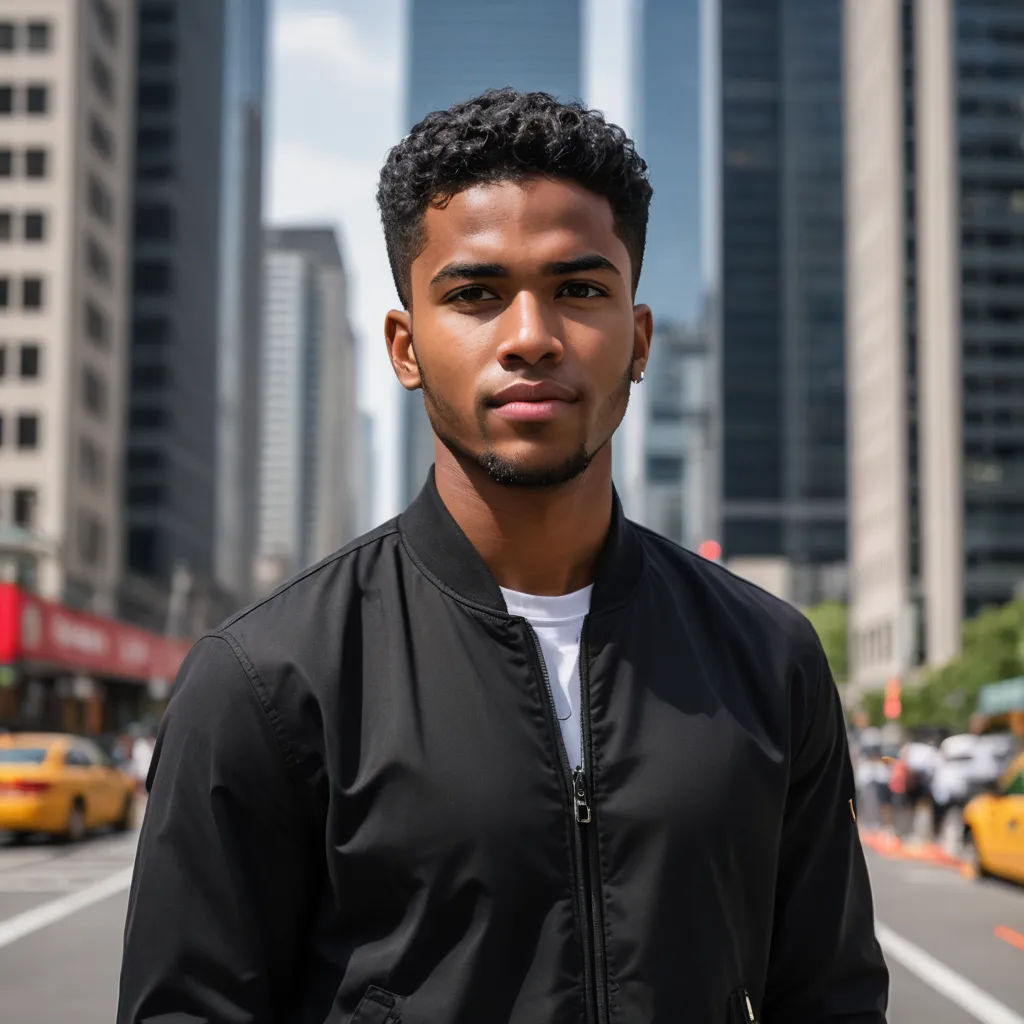 a man standing in the middle of a street in a city with tall buildings in the background and a man with a black jacket on, harlem renaissance, a stock photo, Emerson Silva, jayison devadas
