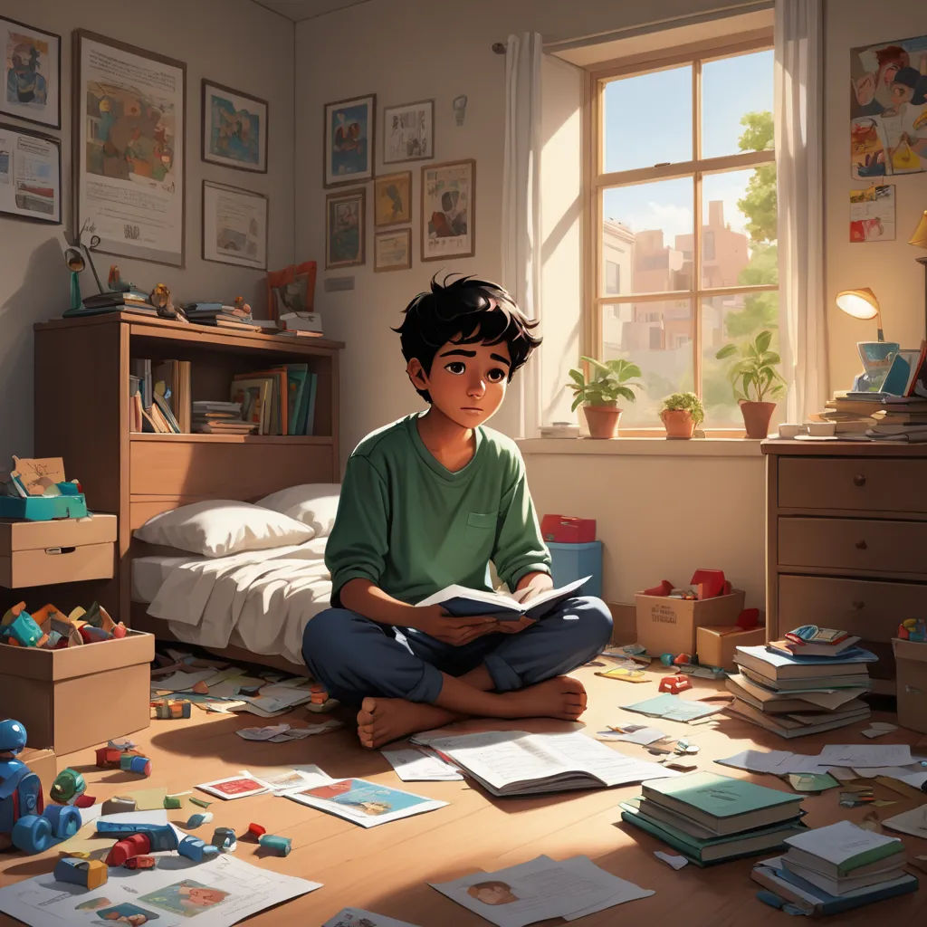 a boy sitting on the floor reading a book in a bedroom with toys all around him and a lot of books on the floor, photorealism, a storybook illustration, Chris LaBrooy, rossdraws global illumination