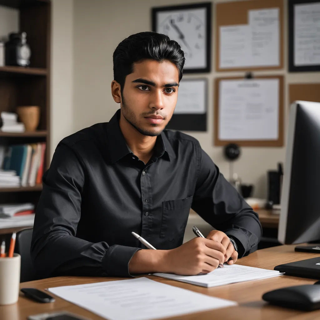 a man sitting at a desk with a pen and paper in front of him and a computer monitor on the desk, samikshavad, a stock photo, Bholekar Srihari, professional