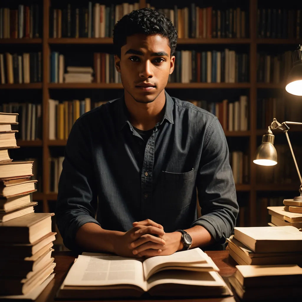 a man sitting at a table with a book and lamp in front of him in a library with books on the shelves, academic art, a character portrait, Everett Warner, jayison devadas