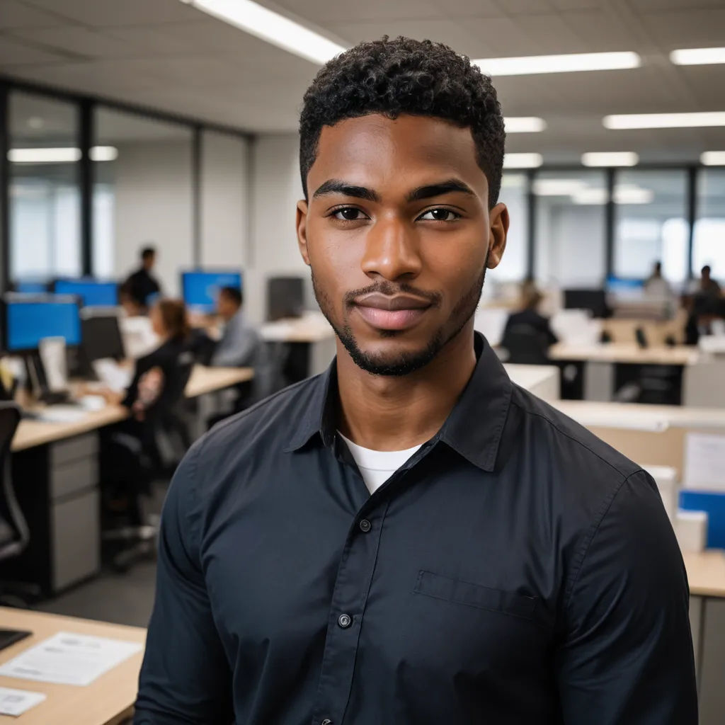 a man standing in an office with a black shirt on and a black shirt on his shirt is black, harlem renaissance, a stock photo, Cedric Seaut (Keos Masons), professional