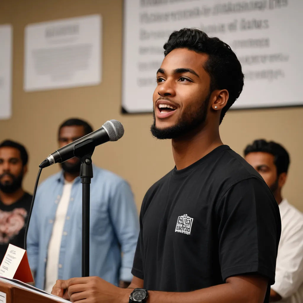a man standing at a podium with a microphone in front of him and people behind him looking on in the background, black arts movement, a picture, Emerson Silva, jayison devadas