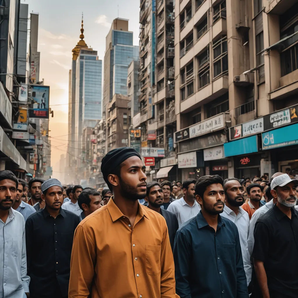 a man standing in a crowd of people in a city street with tall buildings in the background and a crowd of people standing in the street, hurufiyya, a picture, Amir Zand, award-winning photograph