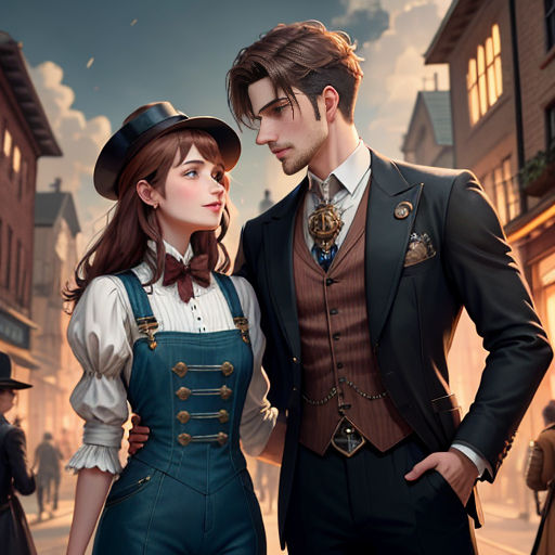 a man and a woman standing next to each other in a street with a sky background and buildings and a man in a suit and tie