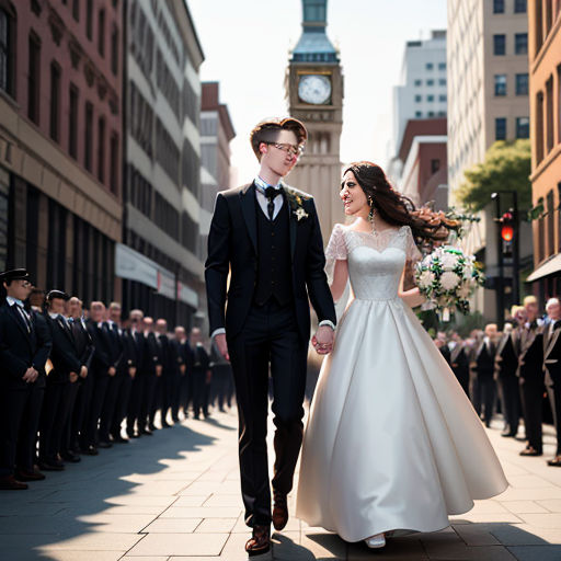 a bride and groom walking down a street in front of a crowd of people in formal wear and tuxedos