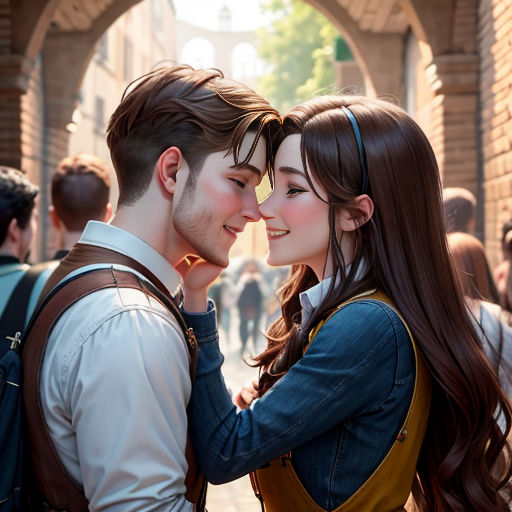 a couple of people that are standing together in the street together and kissing each other with a smile on their face