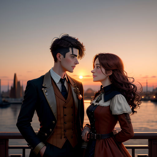 a man and a woman standing next to each other near a body of water at sunset or dawn with a city in the background