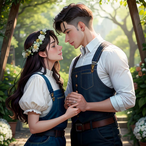 a man and a woman are standing together in a garden with flowers in their hair and a man is wearing a white shirt and blue overalls