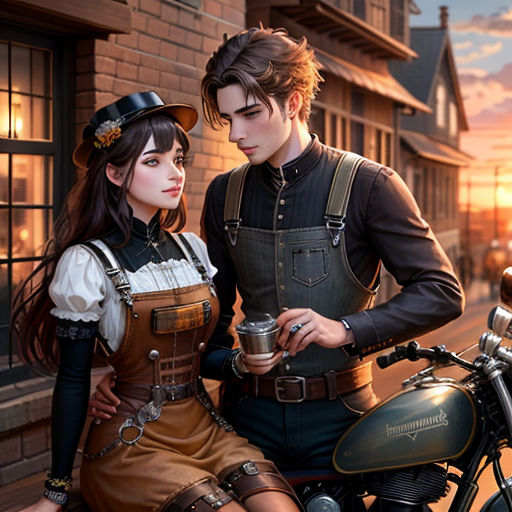 a man and a woman are sitting on a motorcycle together, looking at something in the distance, with a building in the background