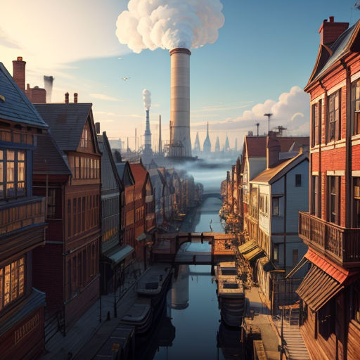 a painting of a city with a smokestack in the background and a river running through it with buildings and a bridge