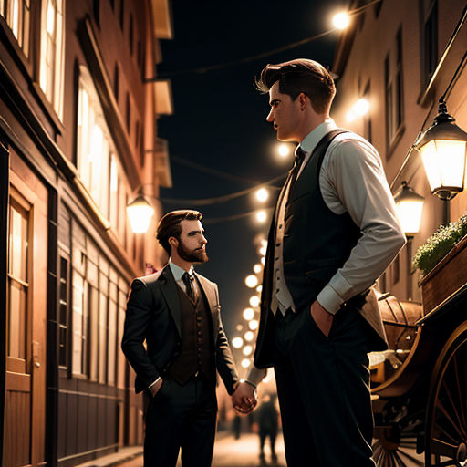 two men in suits are standing on a street corner holding hands and looking at each other with a horse drawn carriage in the background