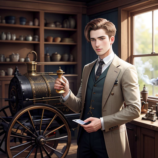 a man in a suit holding a bottle next to a horse drawn carriage in a room with shelves and a window