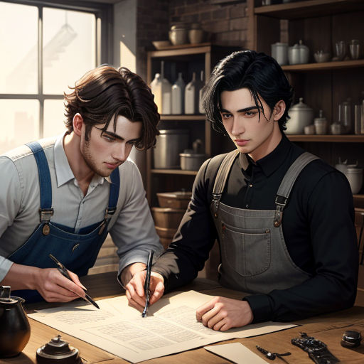 two men in aprons are writing on a piece of paper in a kitchen with a window behind them