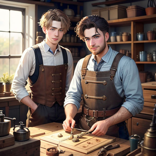 two men in aprons are working on a piece of wood in a workshop with a hammer and a pair of scissors