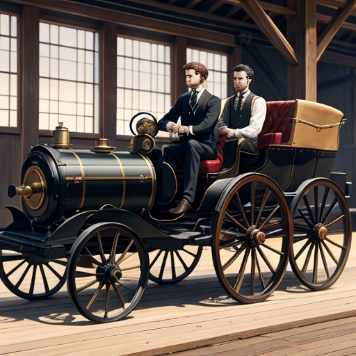a man and a woman riding in a horse drawn carriage in a building with windows and a wooden floor