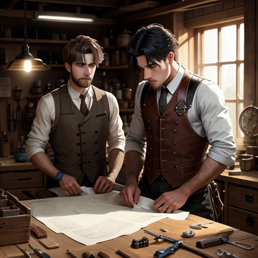 two men in vests are looking at a piece of paper on a table with tools on it and a clock in the background