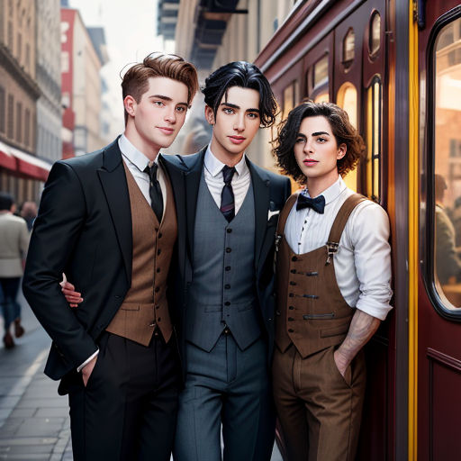 three men in suits standing next to a train car on a city street, one of them is wearing a bow tie
