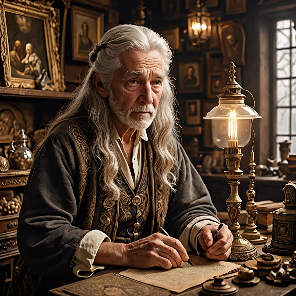 a man with long white hair sitting at a table with a lamp and a book in front of him, rococo, a flemish Baroque, David Teniers III, rembrandt lighting