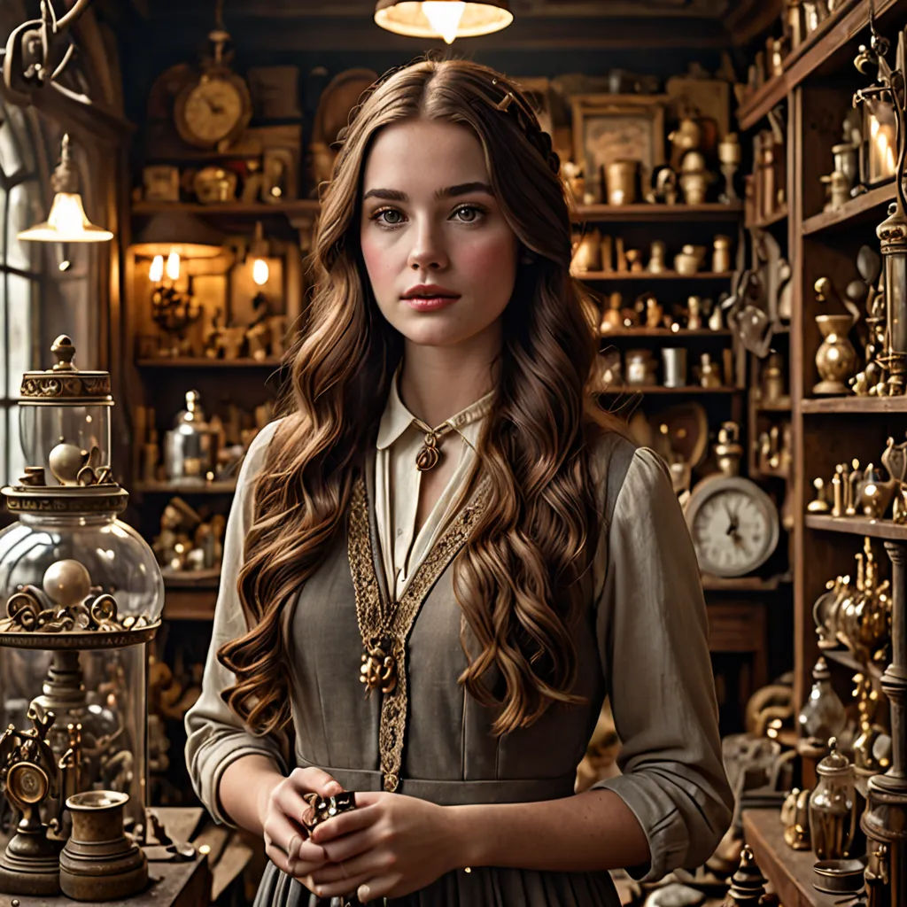 a woman standing in a room with many clocks on the walls and shelves of clocks on the walls and a lamp above her, rococo, a character portrait, Elinor Proby Adams, promotional image
