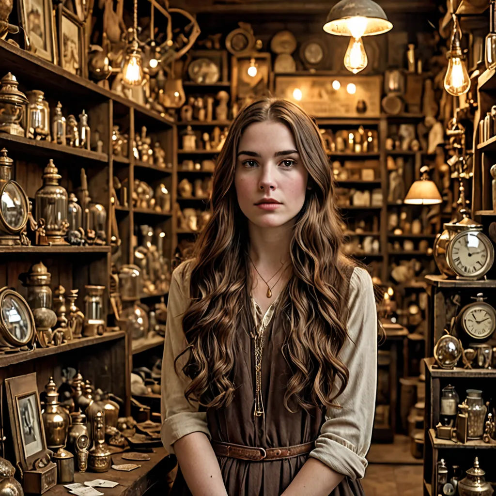 a woman standing in a room filled with clocks and other items on shelves and shelves with lights on them, arts and crafts movement, a character portrait, Anne Said, promotional image