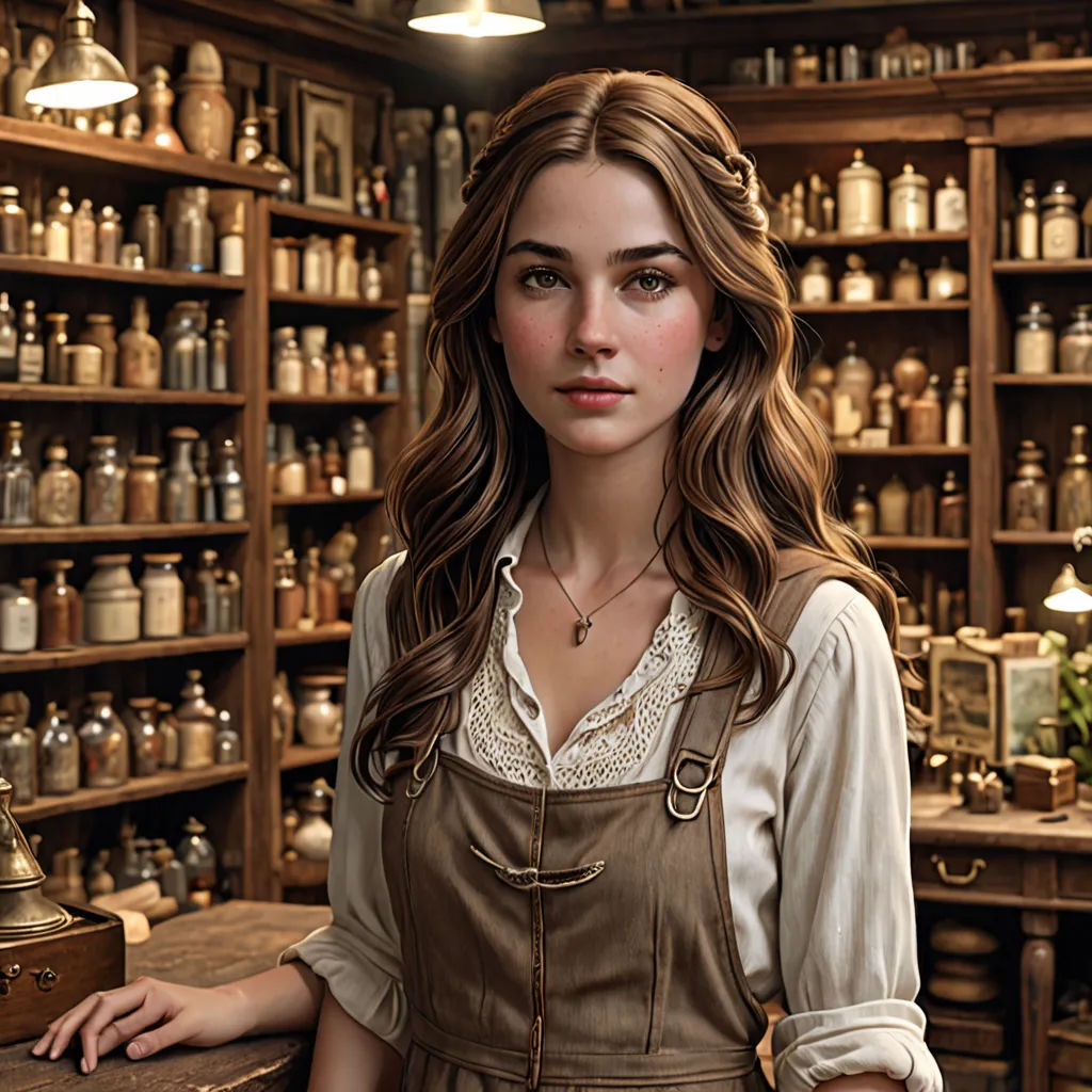 a woman standing in front of a shelf of bottles in a store with a clock on it's side, photorealism, a photorealistic painting, Brad Kunkle, promotional image