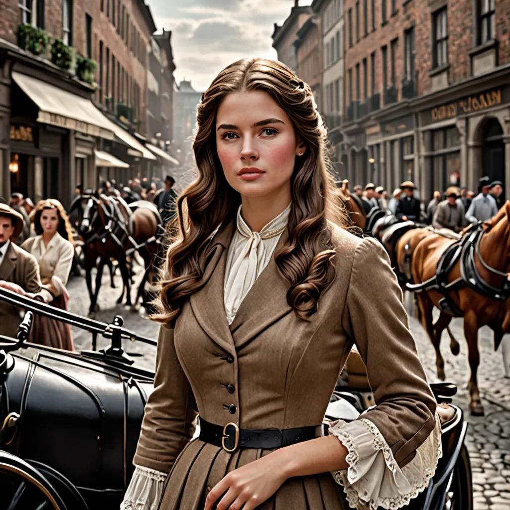 a woman in a brown coat standing next to a horse drawn carriage on a street with people in the background, visual art, a detailed matte painting, Araceli Gilbert, promotional image