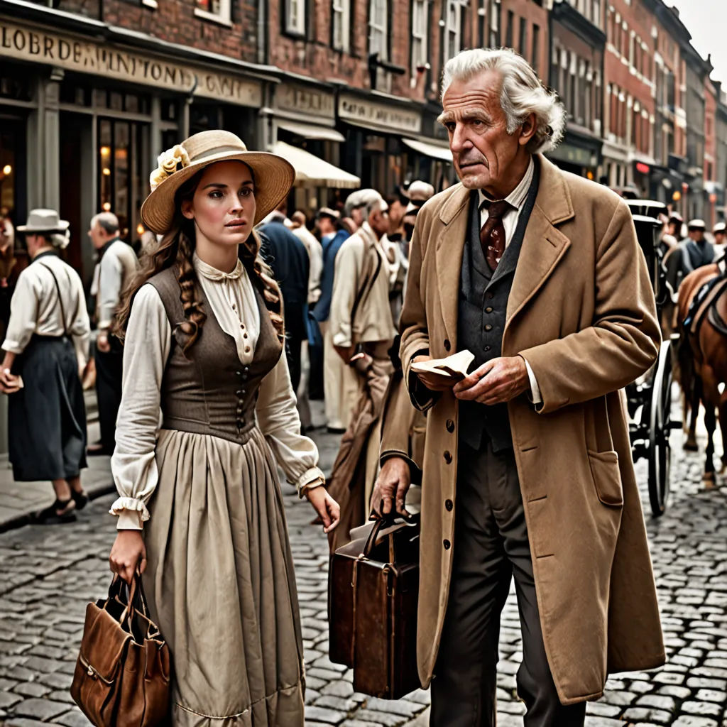 a man and a woman walking down a street with a horse behind them and people walking by on the sidewalk, arts and crafts movement, a colorized photo, Anne Said, promotional image