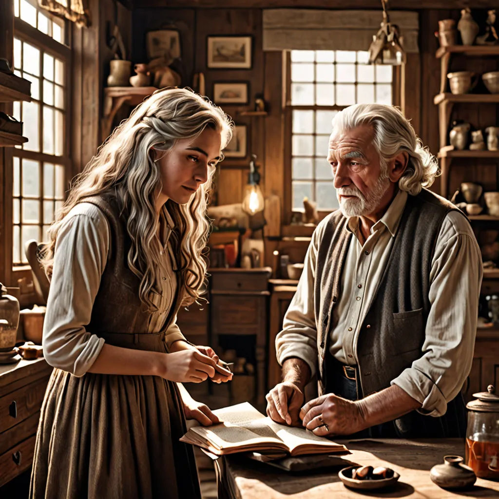 a man and a woman standing in a kitchen next to each other looking at a book together on a table, arts and crafts movement, a detailed matte painting, Anne Said, promotional image