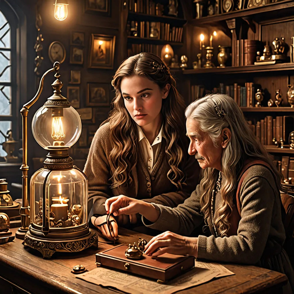 two women sitting at a table looking at a clock in a library with a lamp on top of it, arts and crafts movement, a detailed matte painting, David Teniers III, promotional image
