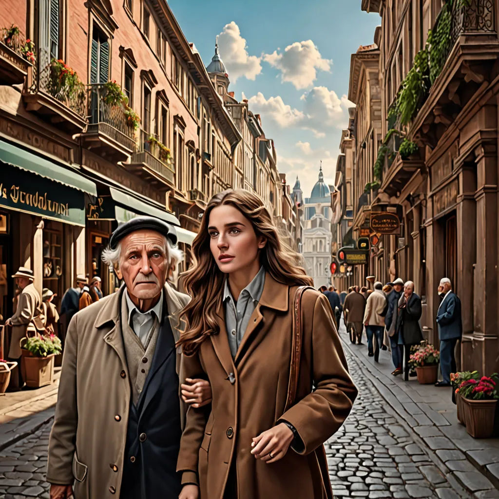 a man and a woman walking down a street in a city with a clock tower in the background and people walking around, les automatistes, a photorealistic painting, Christian Hilfgott Brand, promotional image