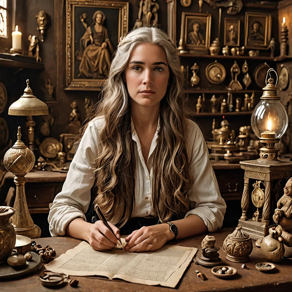 a woman sitting at a table with a book and a clock in the background with a lot of clocks on the wall, rococo, a character portrait, David Teniers III, promotional image